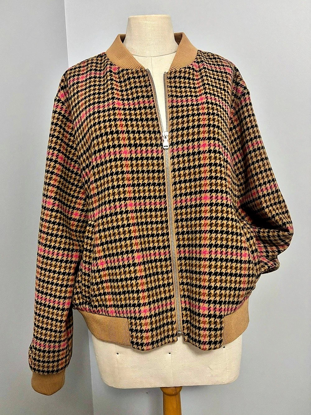 Houndstooth Bomber Jacket in Brown & Pink Like New